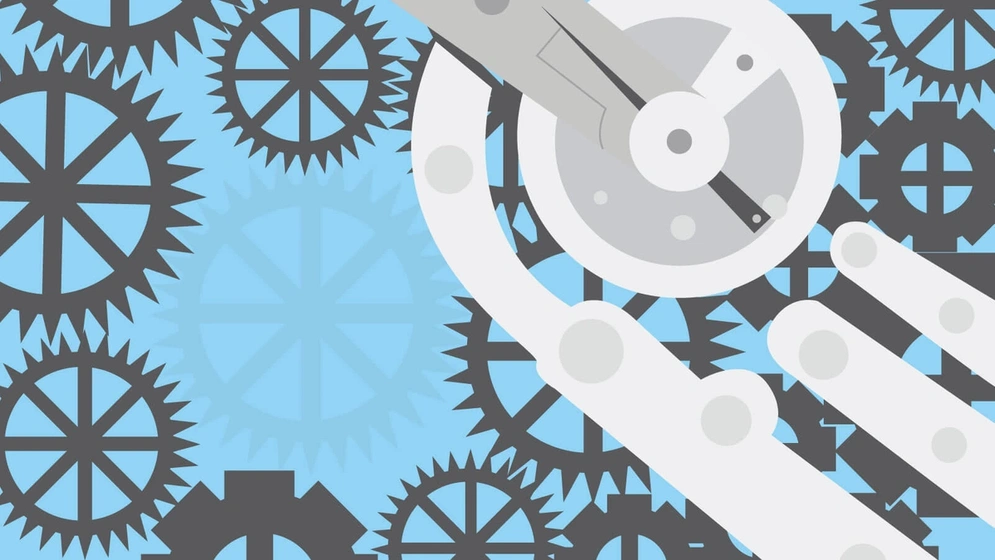 A digitally-drawn image of interlocking cogs and other machinery against a blue background.