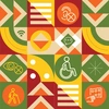 A graphic of a colourful geometric pattern composed of squares and triangles, featuring accessibility icons, representing accessibility such as a wheelchair symbol, hearing aid, braille, and a computer.