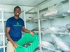 The Energizing Women & Youth in Agri-Food Systems Programme (EWAS) in partnership with Global Energy Alliance for People & Planet (GEAPP), a young man in a blue tshirt standing in a cold storage container with fish on shelving.