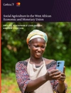 The cover page of the Social Agriculture in WAEMU report, a woman is holding a digital device outdoors and smiling in a patterned dress with a beige apron and a colourful headwrap