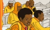 Illustration of student in yellow uniform working at their desks