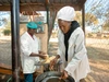 Sarah Gunya working in an outdoor processing facility, wearing white overcoat and hair covering, supported by the YEFFA program in partnership with AGRA.