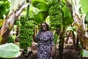 A woman standing next to some banana plants.