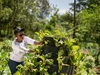 Woman tending to her farm outdoors wearing a white shirt and black baseball hat