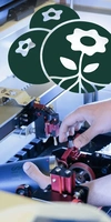 Fellows Program image of a person working on a laser engraver at SIIT, 2025, with graphic elements from the Fellows Program applied to the image.