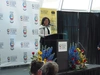 Woman speaking at a conference at First Nations University.