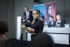  Karen Meyer, Head of the Refugees and Displaced Persons Program at the Mastercard Foundation, speaks at an event.