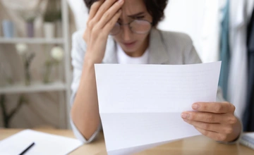 Woman looking at a bill with concern