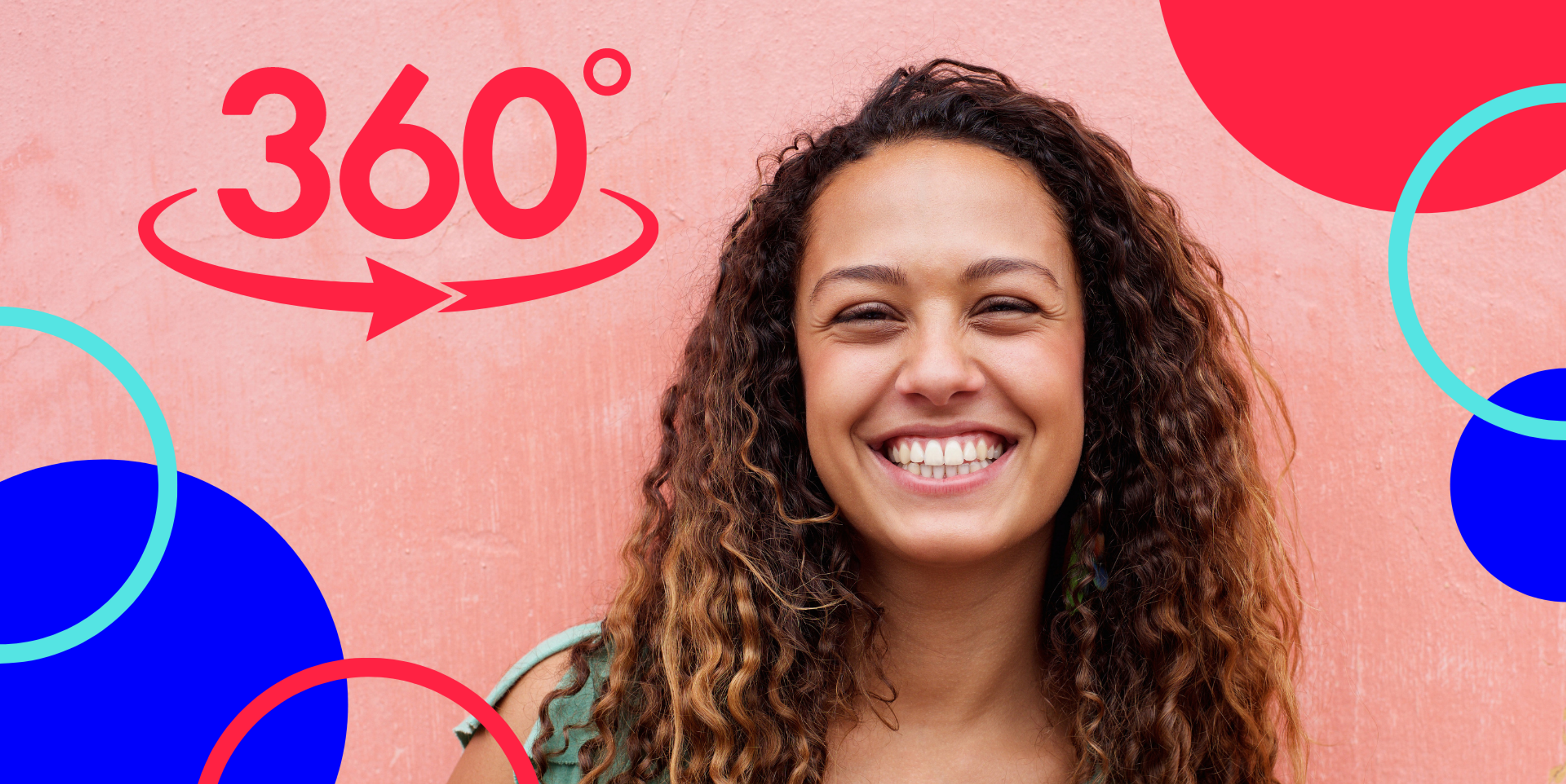 young ehtnic woman smiling at the camera against a pink background, framed by blue and red circles