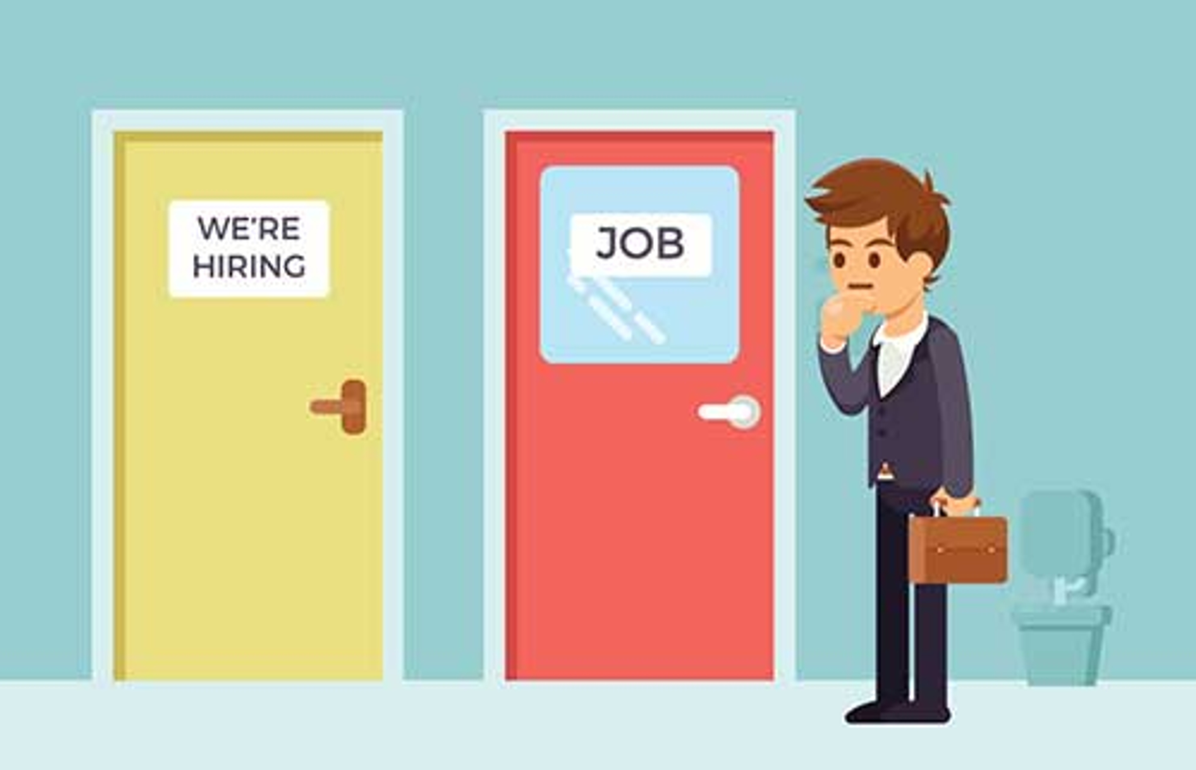 Graphic of a businessman looking at two doors, one labeled "Job" and "We're Hiring"