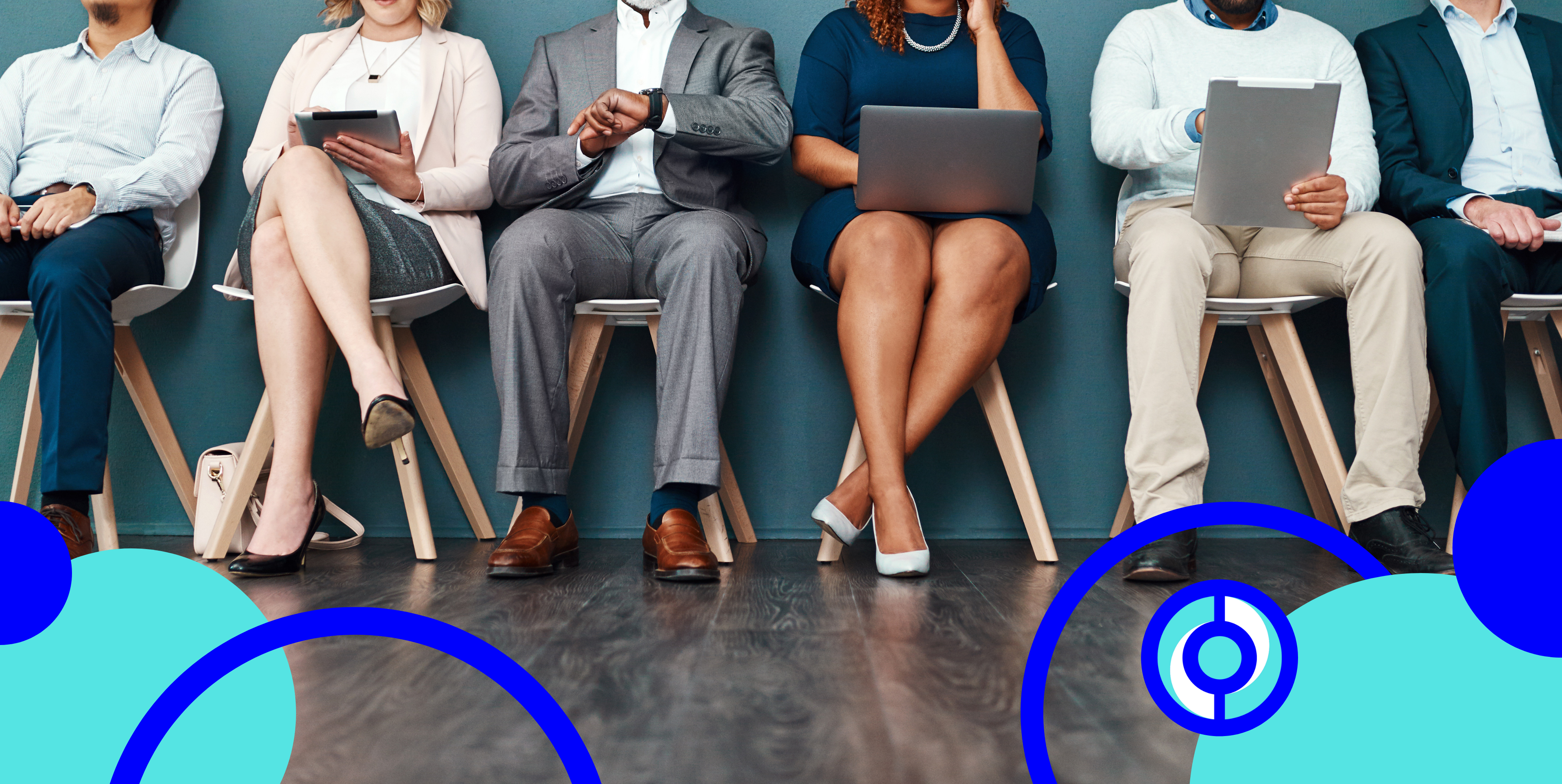 careercircle logo, diverse people sitting in a line of chairs on a wall, blue circles framing