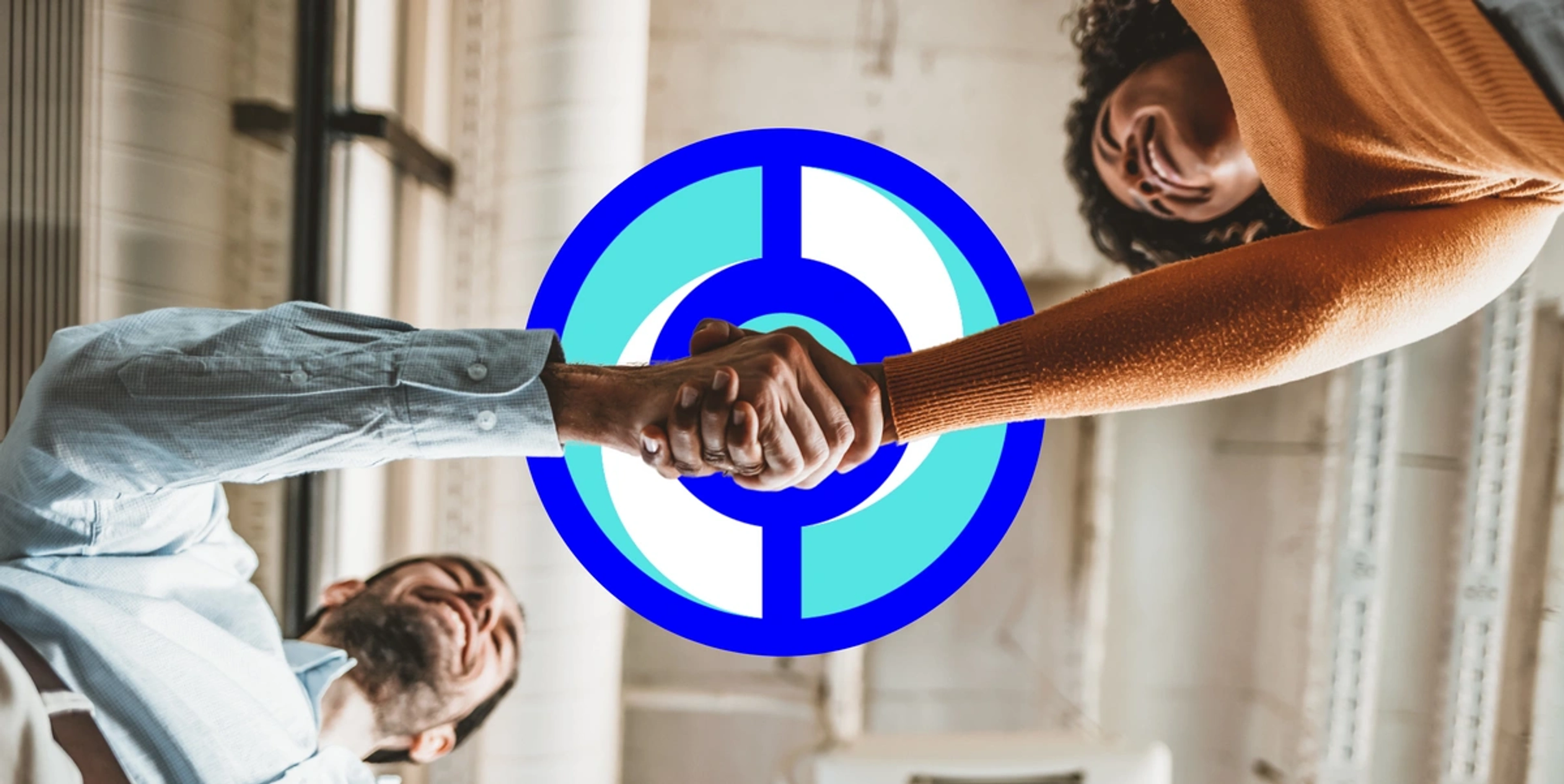 a man and a woman shaking hands, view is from the bottom up, framed by careercircle logo