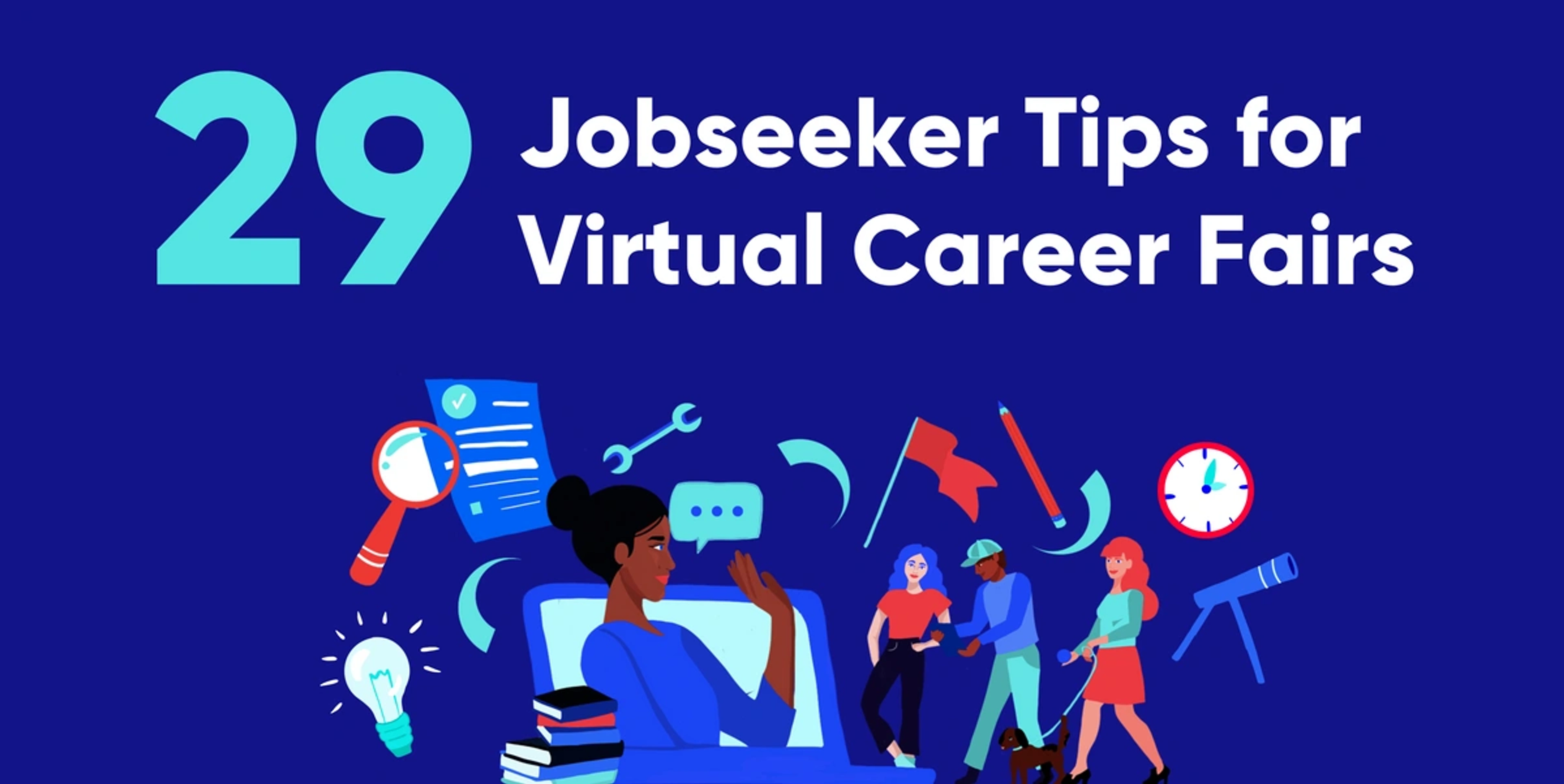 text on image reads 29 jobseeker tips for virtual career fairs with an illustration of a black woman in a computer waving to others