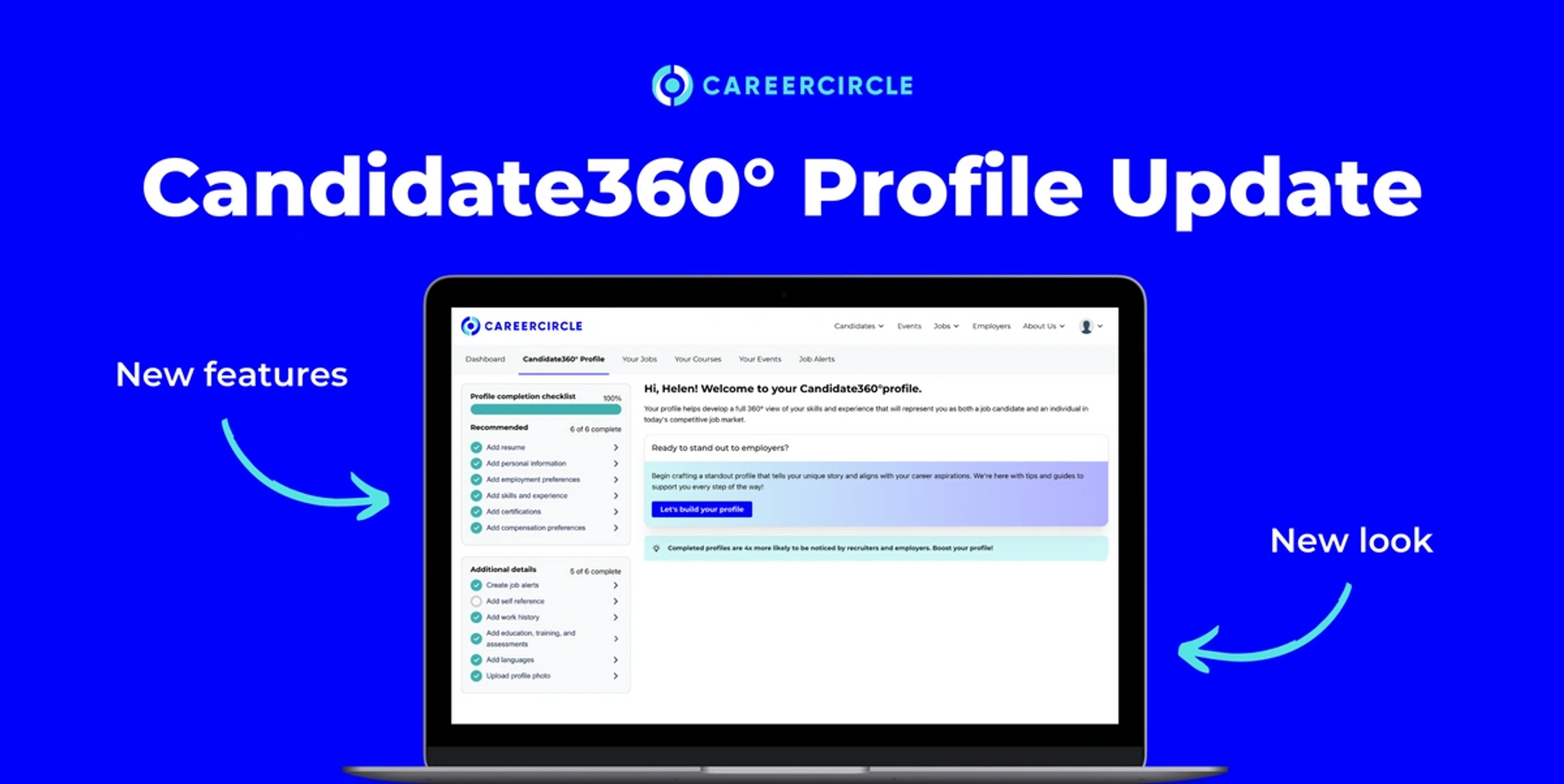 image of computer with careercircle platform on it with text that says candidates360 profile update, new features, new look