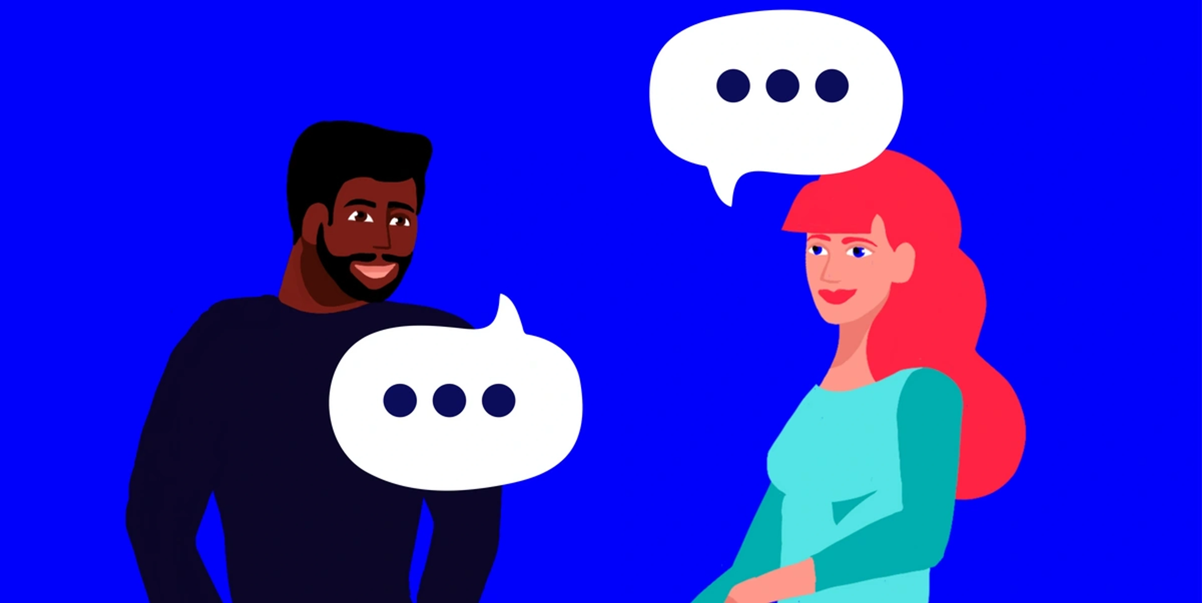 illustrated image of a black man talking to a redhaired woman on a blue background