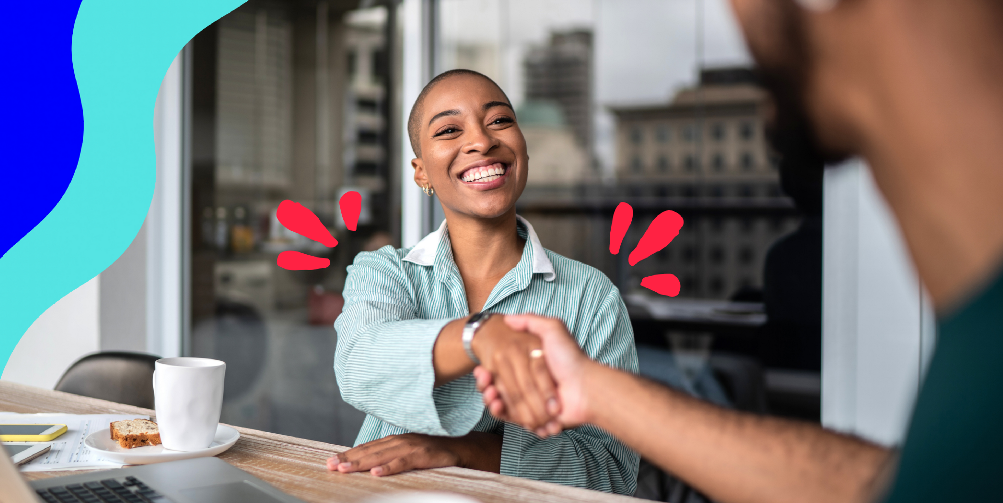 black woman shaking a man's hand, framed by red lines for emphasis