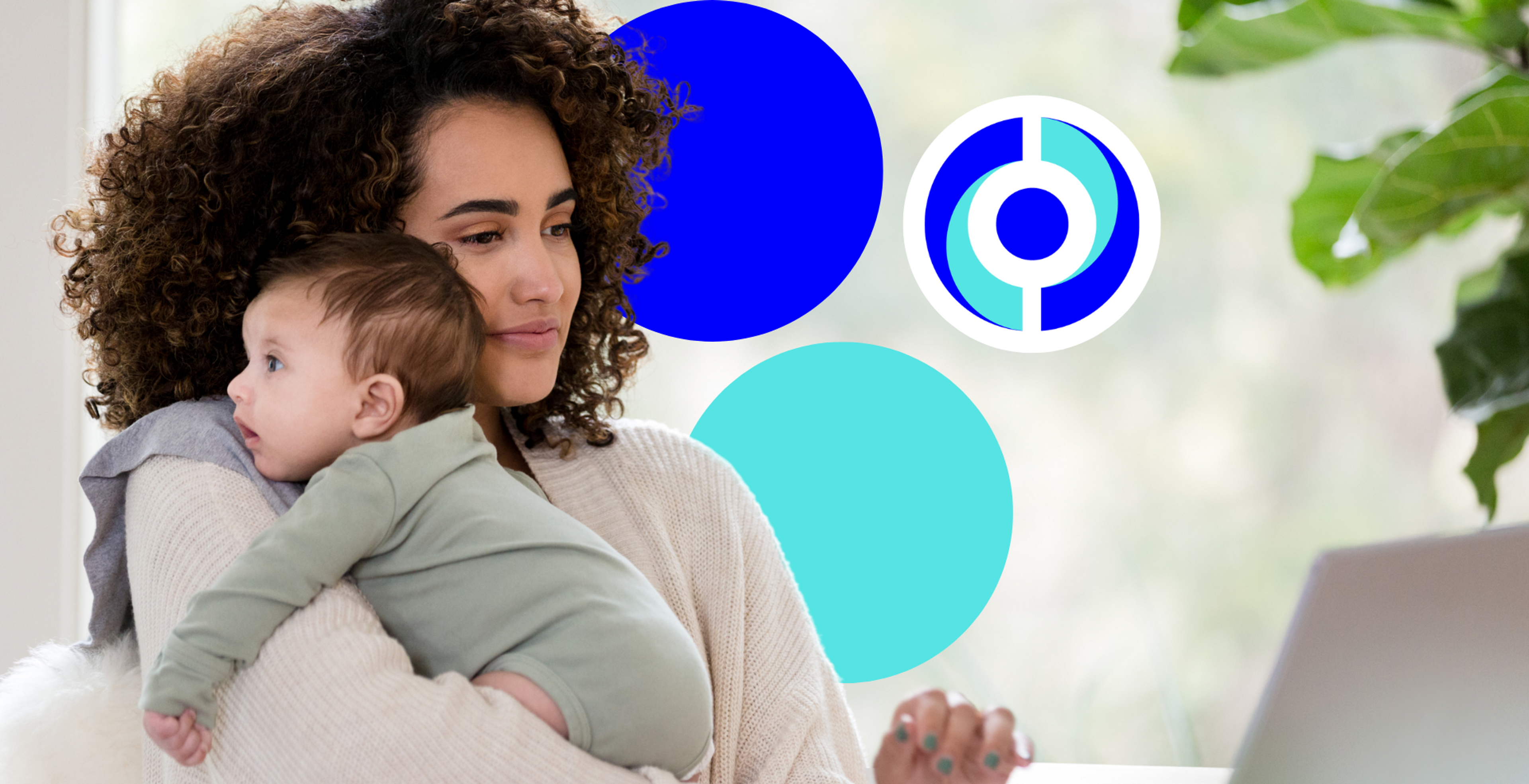 black woman with baby looking at laptop, framed by careercircle logo