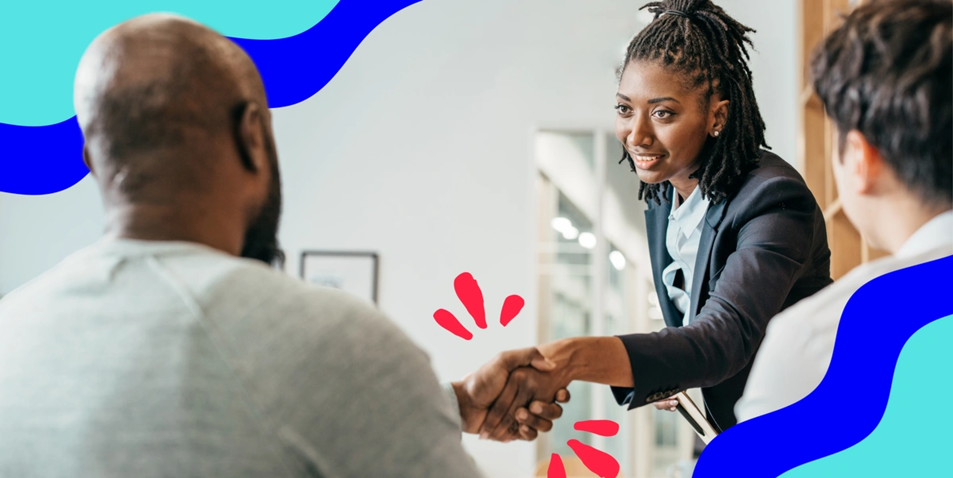 Featured Image - black woman shaking black man's hand, framed by red lines