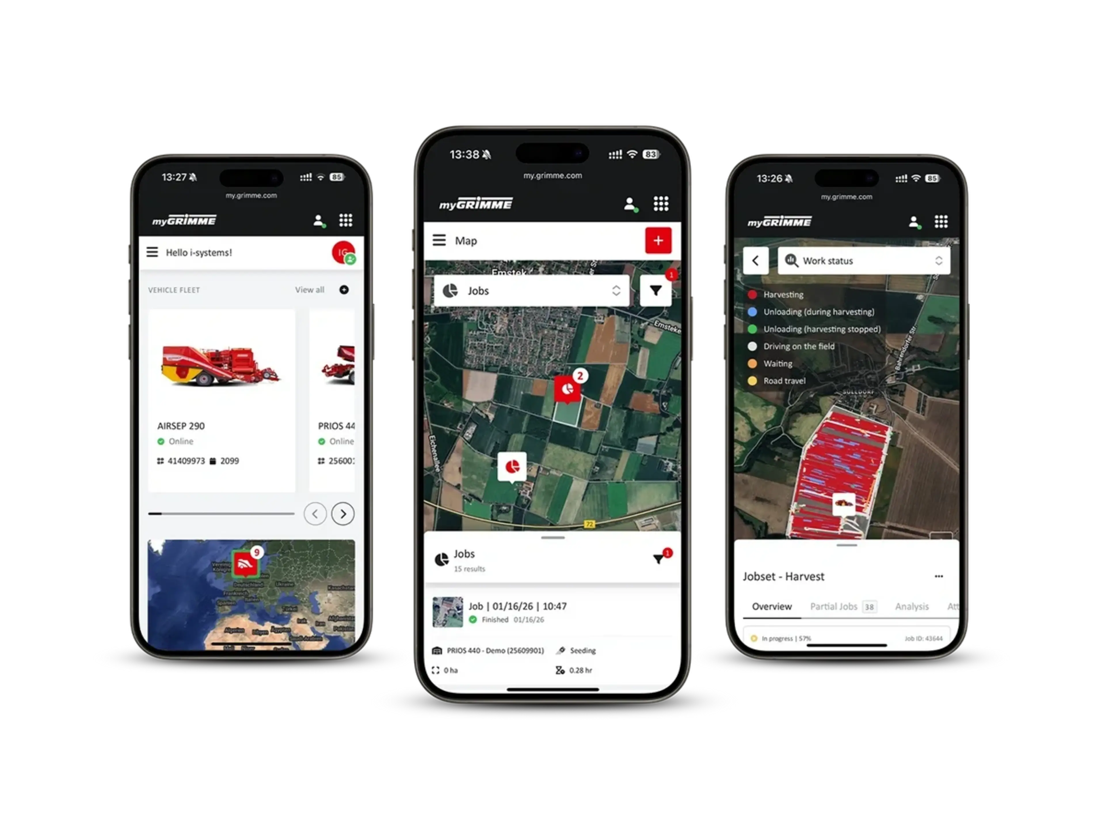 Drei Smartphones, die die myGRIMME Anwendung zeigen