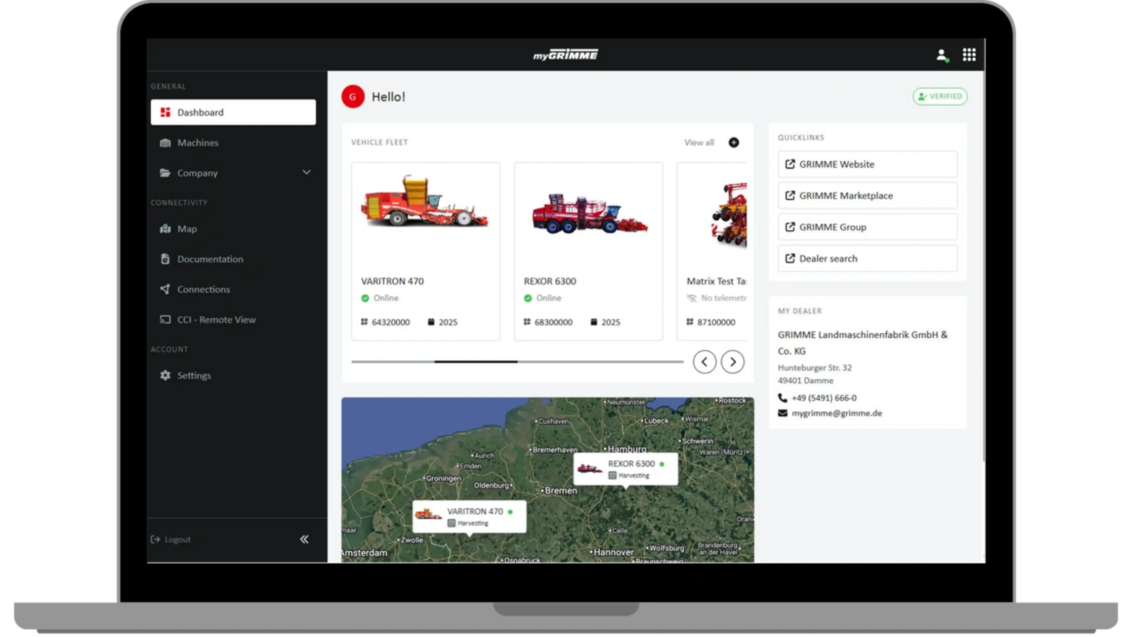 Ein neues Element der Startseite ist die georeferenzierte Karte, auf der alle Maschinen visuell dargestellt werden.