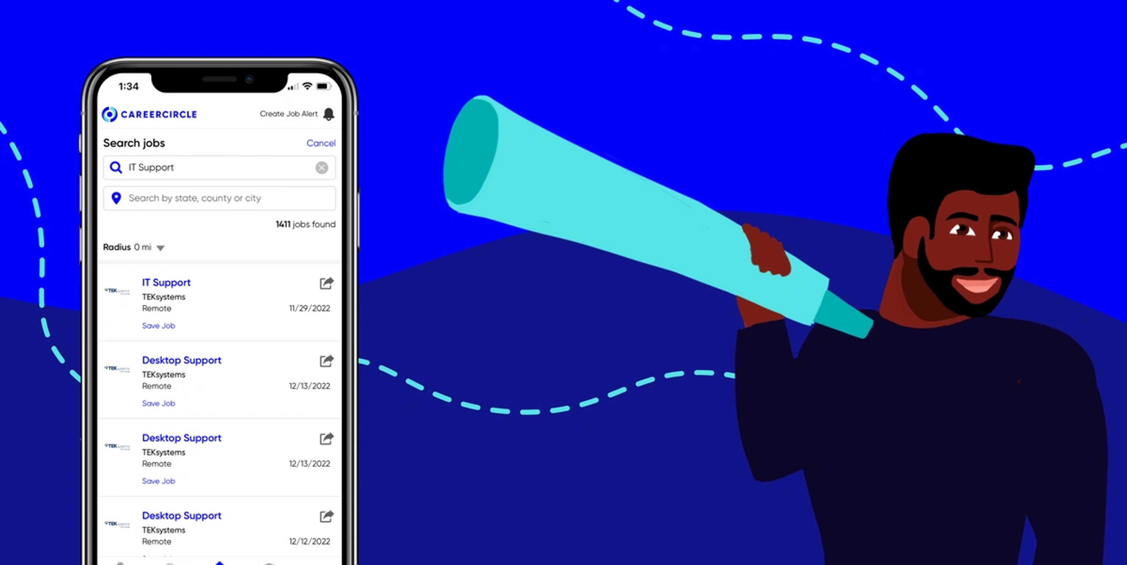 illustrated image with black man holding a telescope next to an AI image of the careercircle mobile app
