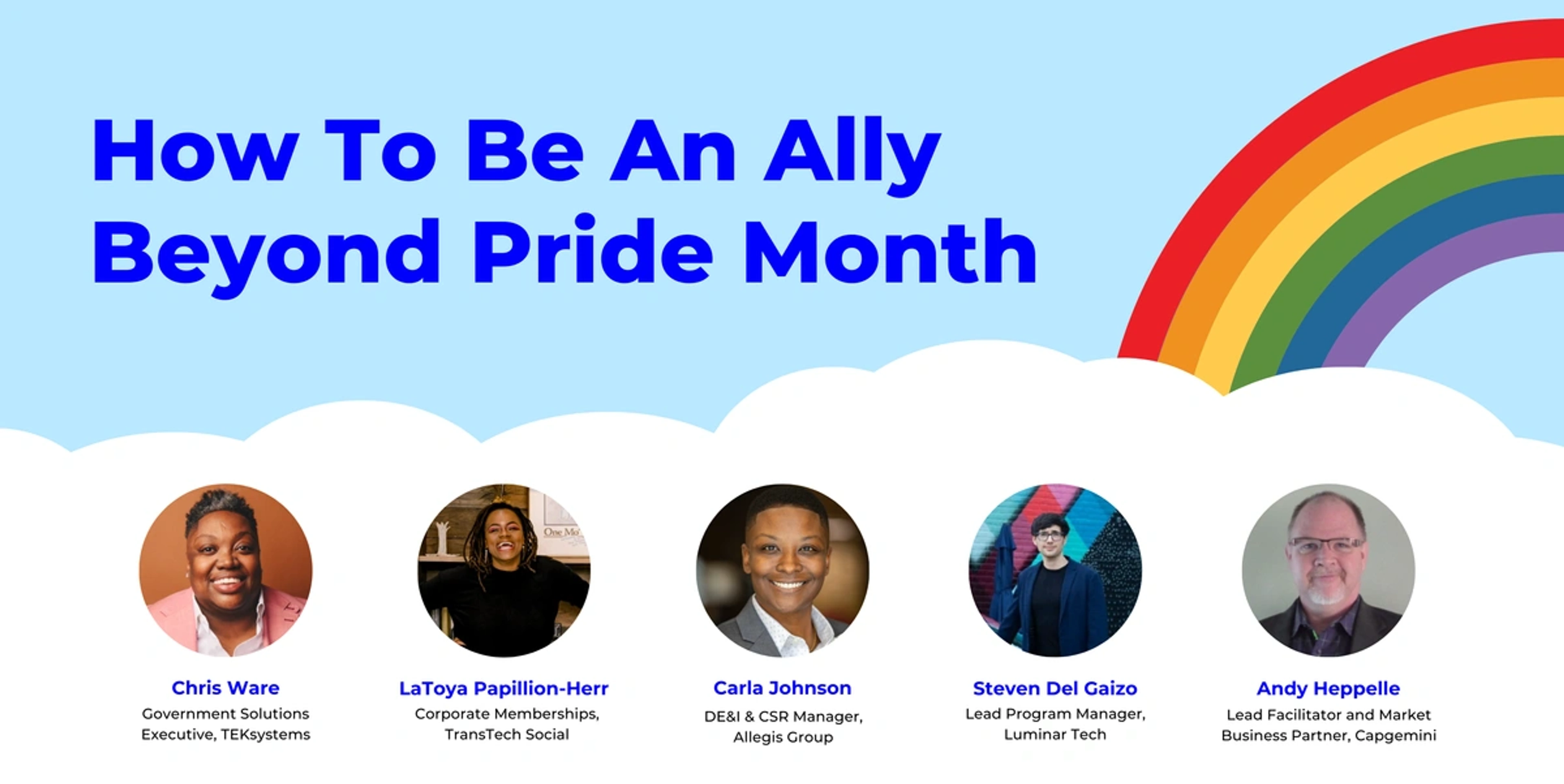 How to be an ally beyond pride month with speaker images on it.
