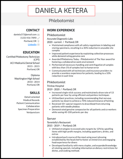 Phlebotomist resume with 2+ years of experience