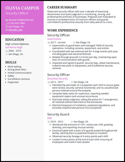 Security officer resume with 10+ years of experience