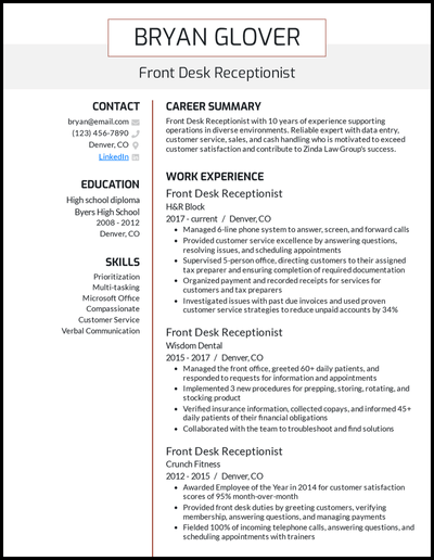 Front desk receptionist resume with 10 years of experience