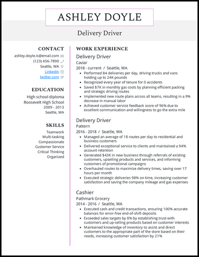 Delivery driver resume with 5+ years of experience