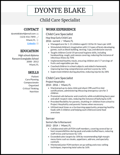 Child care resume with 6+ years of experience
