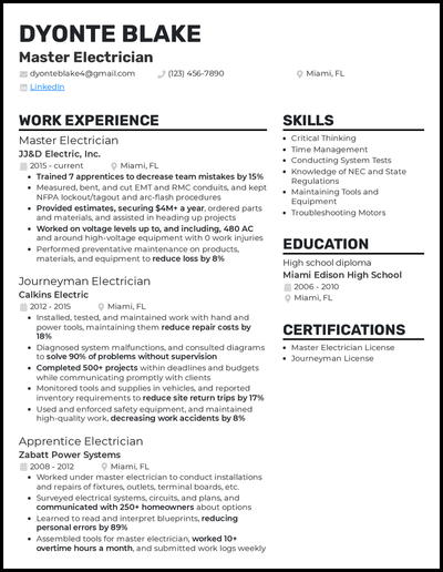 Electrician resume with 14 years of experience