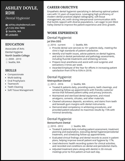 Dental Hygienist resume with 12 years of experience