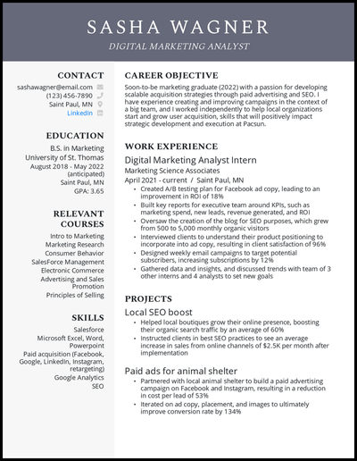 College student resume with less than 1 year of experience