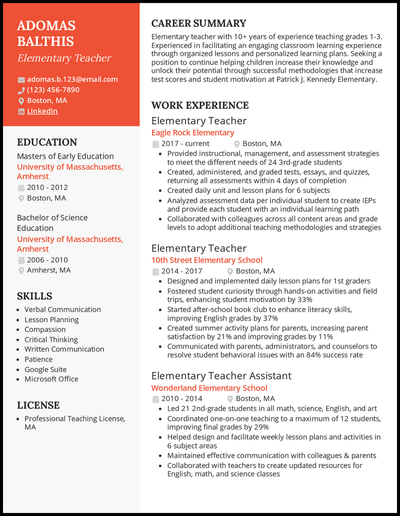 Elementary teacher resume with 10+ years of experience