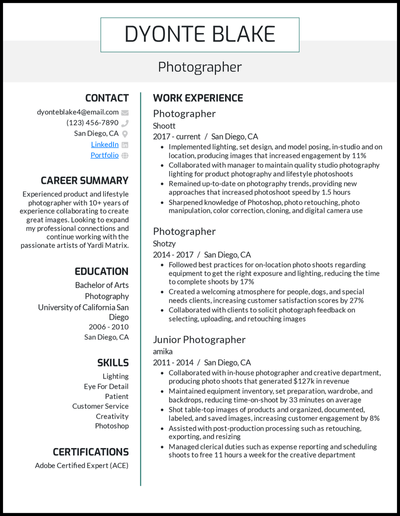 Photographer resume with 10+ years of experience