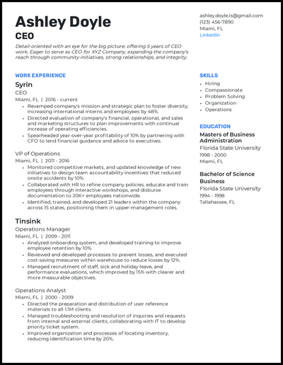 CEO resume with 5 years of experience