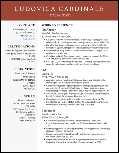 Firefighter resume with 6 years of experience