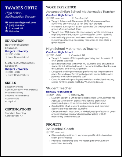 entry level teacher summary resume