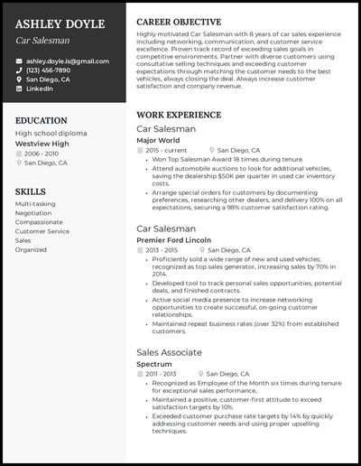 Car salesman resume with 8 years of experience