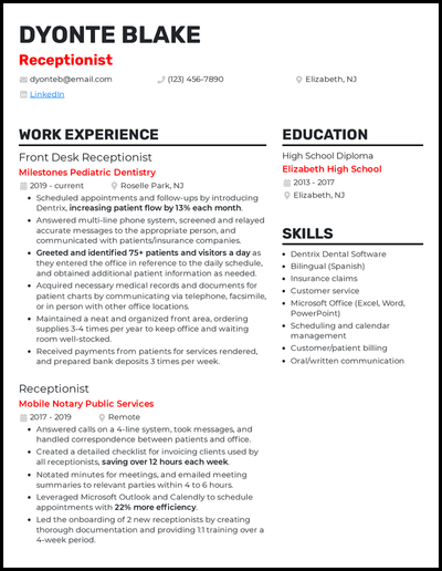 Receptionist resume with 5 years of experience