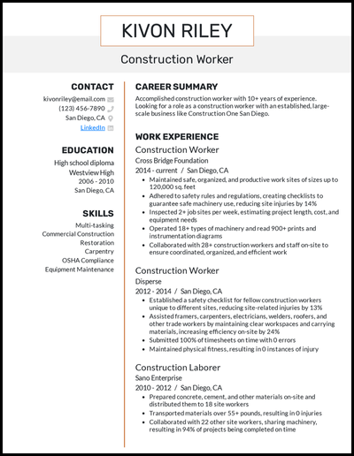 Construction worker resume with 10+ years of experience