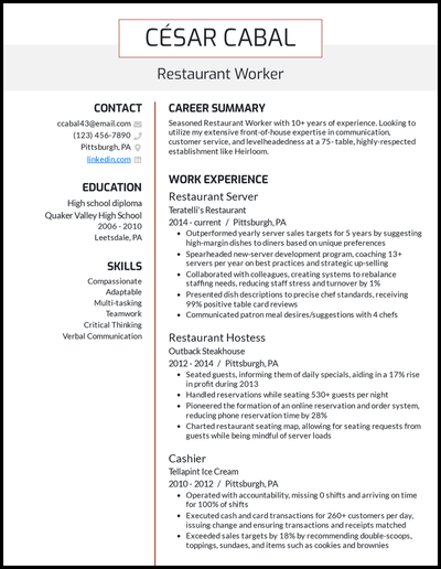 Restaurant resume with 10+ years of experience