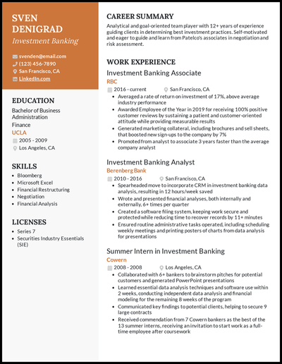 Investment banking resume with 12+ years of experience