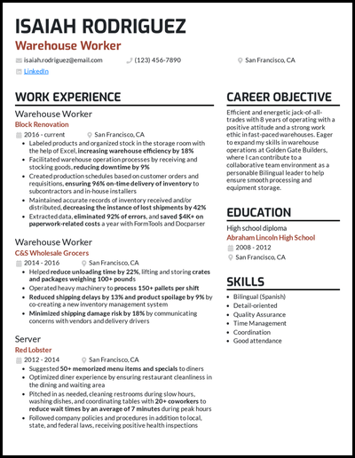 Warehouse worker resume with 8 years of experience