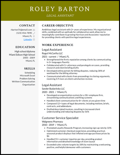 Legal assistant resume with 2+ years of experience