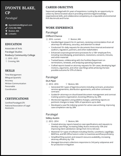 Paralegal resume with 8 years of experience