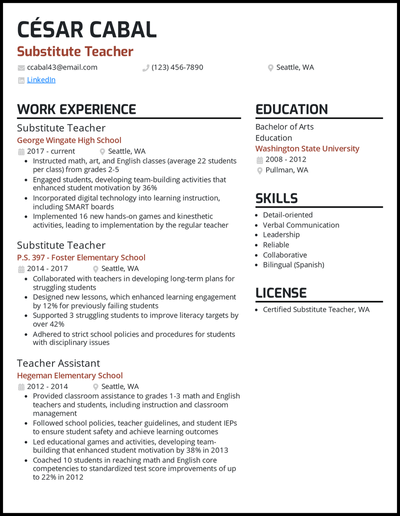 Substitute teacher resume with 8 years of experience