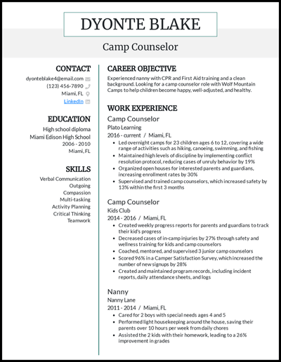 Camp Counselor resume with 3 years of experience