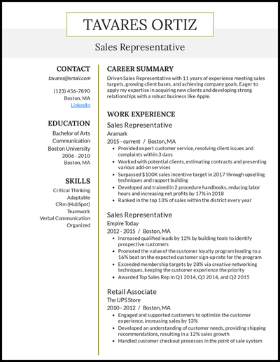 Sales representative with 11 years of experience